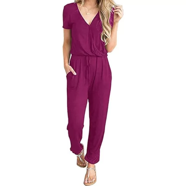 imagePRETTYGARDEN Womens Summer Casual Deep V Neck Short Sleeve Wrap Drawstring Waist Jumpsuit RomperPurple Red