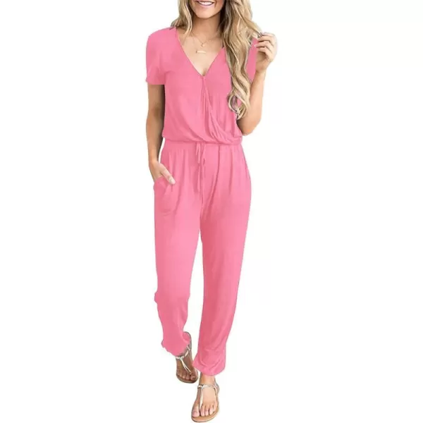 imagePRETTYGARDEN Womens Summer Casual Deep V Neck Short Sleeve Wrap Drawstring Waist Jumpsuit RomperRose Pink