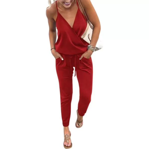 imagePRETTYGARDEN Womens Summer Casual Jumpsuits Wrap V Neck Sleeveless One Piece Pants Romper with PocketsRed