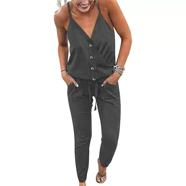 imagePRETTYGARDEN Womens Summer Casual Jumpsuits Wrap V Neck Sleeveless One Piece Pants Romper with PocketsSolid Dark Grey