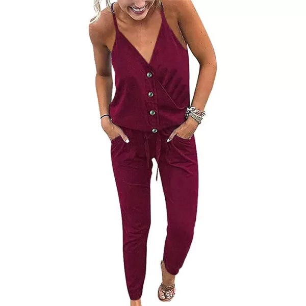 imagePRETTYGARDEN Womens Summer Casual Jumpsuits Wrap V Neck Sleeveless One Piece Pants Romper with PocketsSolid Wine Red