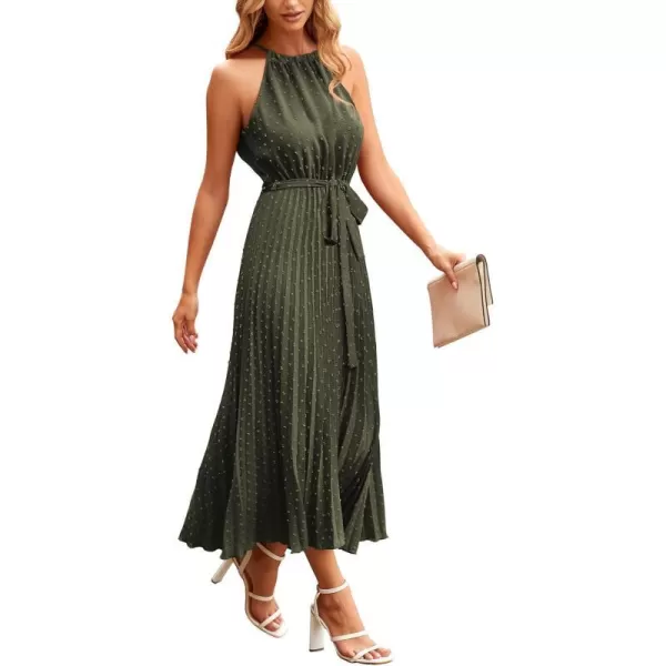 imagePRETTYGARDEN Womens Summer Casual Long Dress Sleeveless Halter Neck Swiss Dot Pleated Beach Maxi Sun DressesArmy Green