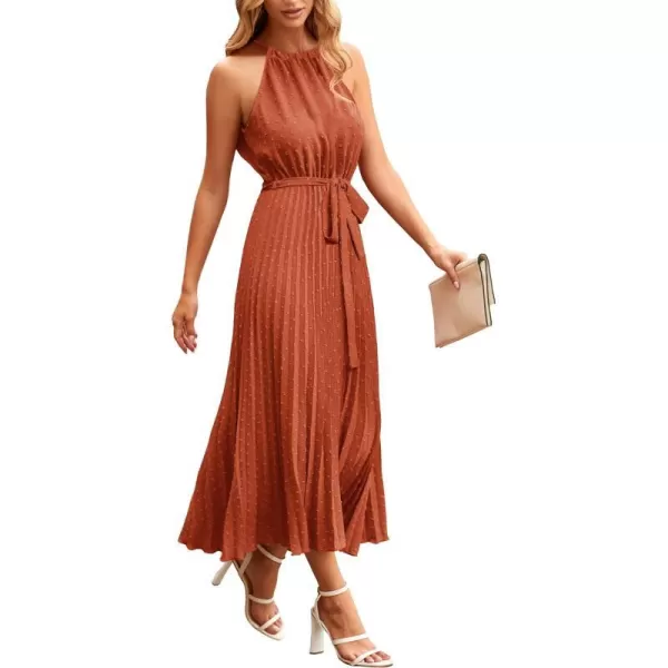 imagePRETTYGARDEN Womens Summer Casual Long Dress Sleeveless Halter Neck Swiss Dot Pleated Beach Maxi Sun DressesBrick Red