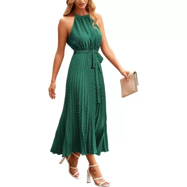 imagePRETTYGARDEN Womens Summer Casual Long Dress Sleeveless Halter Neck Swiss Dot Pleated Beach Maxi Sun DressesDark Green