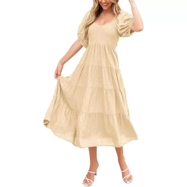 imagePRETTYGARDEN Womens Summer Casual Midi Dress Puff Sleeve Swiss Dot Long Flowy A Line DressesBeige