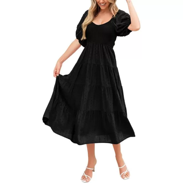 imagePRETTYGARDEN Womens Summer Casual Midi Dress Puff Sleeve Swiss Dot Long Flowy A Line DressesBlack