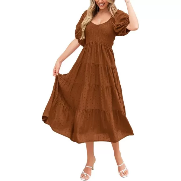 imagePRETTYGARDEN Womens Summer Casual Midi Dress Puff Sleeve Swiss Dot Long Flowy A Line DressesBrown Yellow