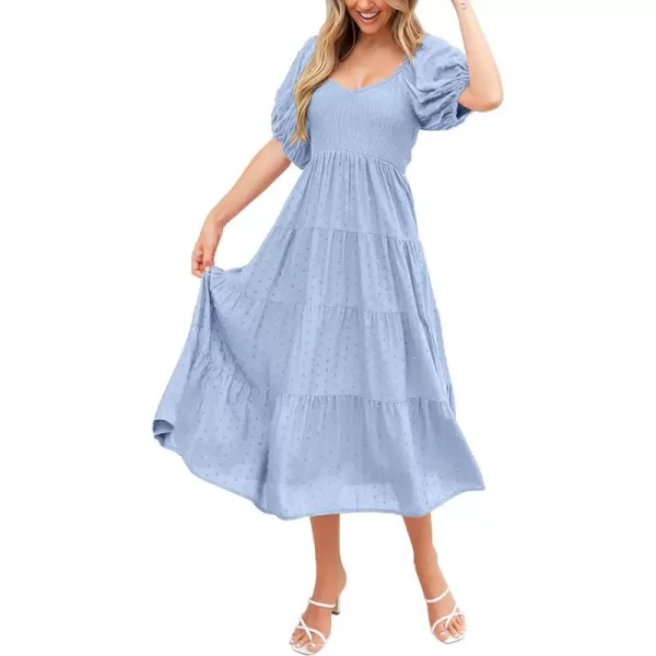 imagePRETTYGARDEN Womens Summer Casual Midi Dress Puff Sleeve Swiss Dot Long Flowy A Line DressesLight Blue