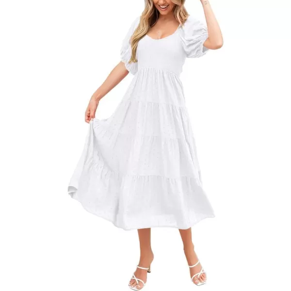 imagePRETTYGARDEN Womens Summer Casual Midi Dress Puff Sleeve Swiss Dot Long Flowy A Line DressesWhite