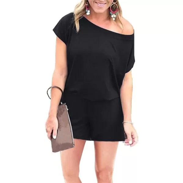 imagePRETTYGARDEN Womens Summer Casual Off Shoulder Rompers Short Sleeve Loose One Piece Jumpsuit with PocketsBlack