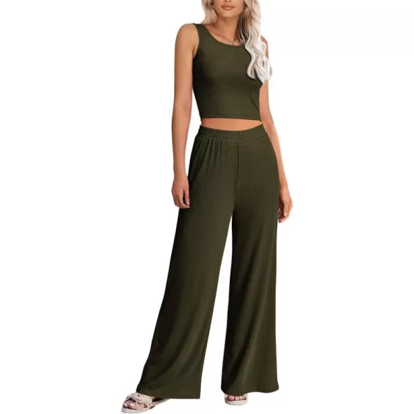 imagePRETTYGARDEN Womens Summer Casual Two Piece Outfits Sweatsuits Tank Scoop Neck Ribbed Knit Long Pants TracksuitsSolid Army Green
