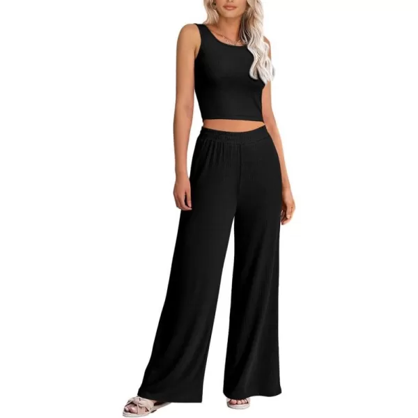 imagePRETTYGARDEN Womens Summer Casual Two Piece Outfits Sweatsuits Tank Scoop Neck Ribbed Knit Long Pants TracksuitsSolid Black