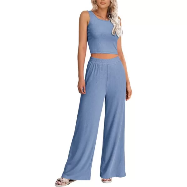 imagePRETTYGARDEN Womens Summer Casual Two Piece Outfits Sweatsuits Tank Scoop Neck Ribbed Knit Long Pants TracksuitsSolid Blue