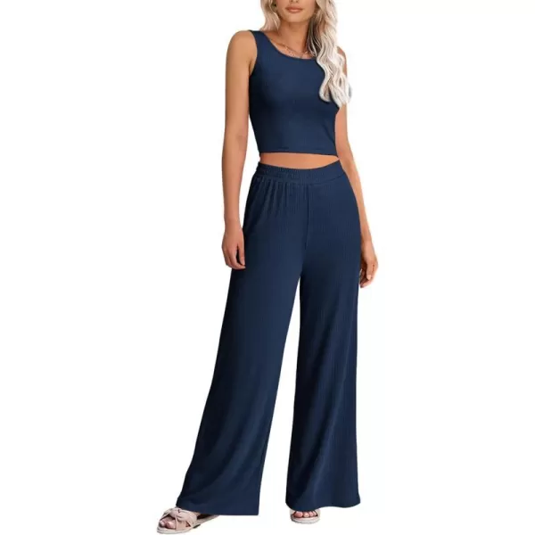imagePRETTYGARDEN Womens Summer Casual Two Piece Outfits Sweatsuits Tank Scoop Neck Ribbed Knit Long Pants TracksuitsSolid Navy