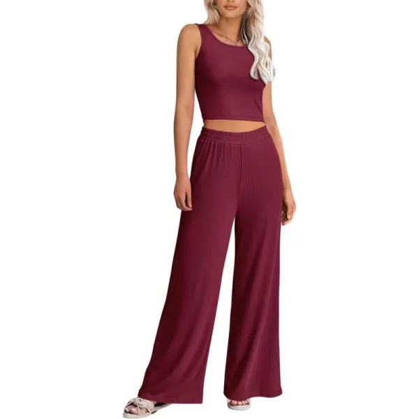 imagePRETTYGARDEN Womens Summer Casual Two Piece Outfits Sweatsuits Tank Scoop Neck Ribbed Knit Long Pants TracksuitsSolid Wine Red