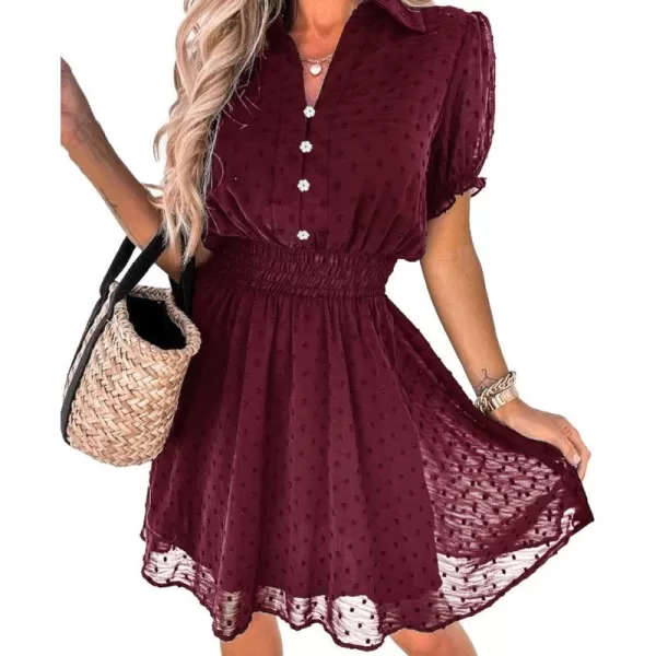 imagePRETTYGARDEN Womens Summer Dress Casual V Neck Short Sleeve Swiss Dots Elastic Waist Aline Flowy Mini DressesBurgundy