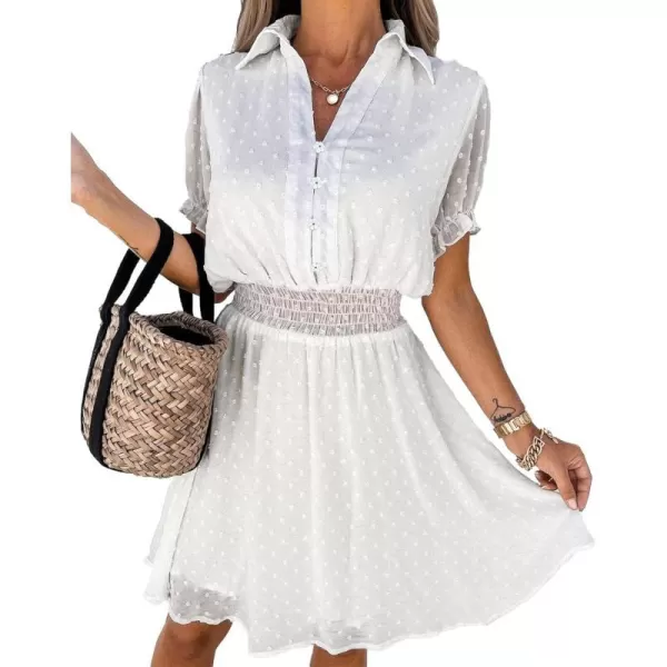 imagePRETTYGARDEN Womens Summer Dress Casual V Neck Short Sleeve Swiss Dots Elastic Waist Aline Flowy Mini DressesWhite