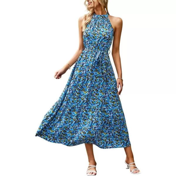 imagePRETTYGARDEN Womens Summer Floral Maxi Sun Dress Sleeveless Halter Neck Flowy Ruffle Hem Long Boho Dresses with BeltBright Blue