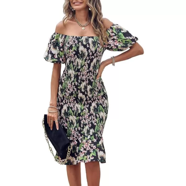 imagePRETTYGARDEN Womens Summer Floral Midi Bodycon Dresses Short Puff Sleeve Square Neck Ruffle Hem Mermaid Cocktail DressFloral Black Green Red