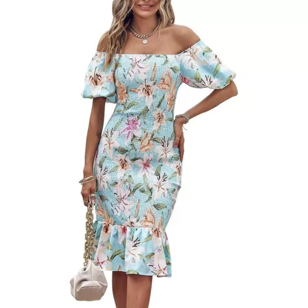 imagePRETTYGARDEN Womens Summer Floral Midi Bodycon Dresses Short Puff Sleeve Square Neck Ruffle Hem Mermaid Cocktail DressFloral Light Green White