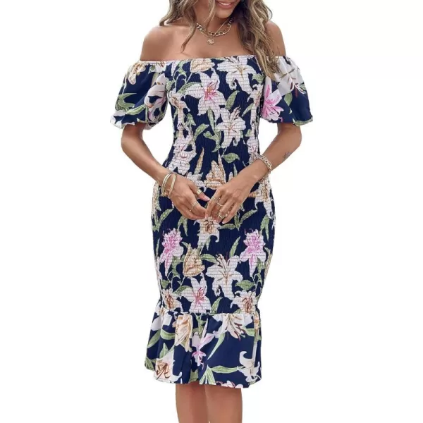 imagePRETTYGARDEN Womens Summer Floral Midi Bodycon Dresses Short Puff Sleeve Square Neck Ruffle Hem Mermaid Cocktail DressFloral Navy White