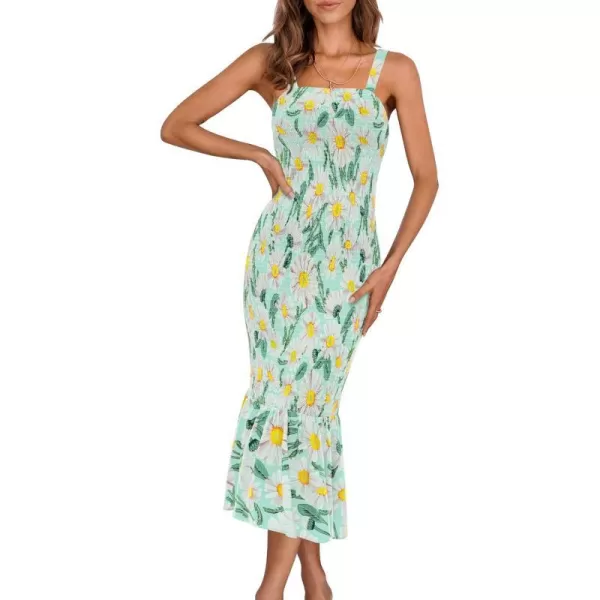 imagePRETTYGARDEN Womens Summer Floral Midi Tank Dress Sleeveless Strappy Ruffle Hem Smocked Bodycon DressesGreen Floral