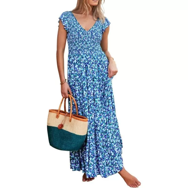 imagePRETTYGARDEN Womens Summer Flowy Maxi Dress Casual Cap Sleeve V Neck Smocked Beach SundressPrint Blue