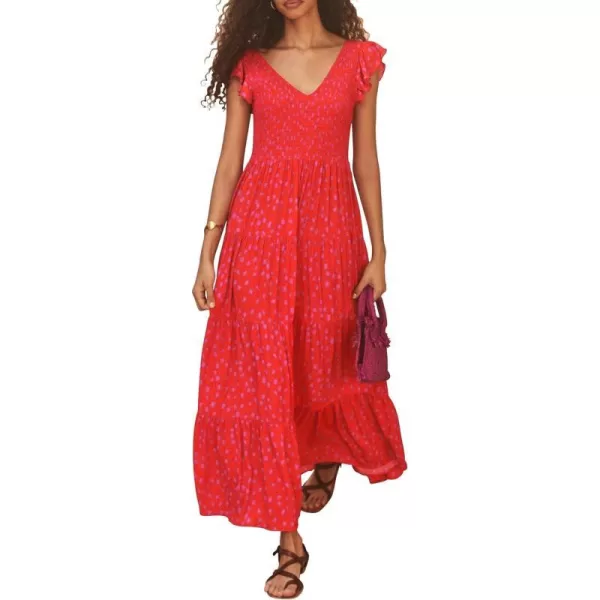 imagePRETTYGARDEN Womens Summer Flowy Maxi Dress Casual Cap Sleeve V Neck Smocked Beach SundressPrint Red