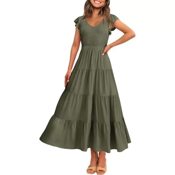 imagePRETTYGARDEN Womens Summer Flowy Maxi Dress Casual Cap Sleeve V Neck Smocked Beach SundressSolid Army Green