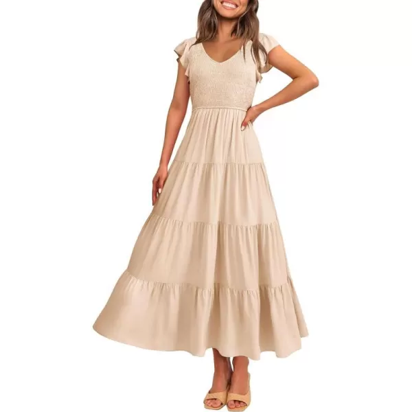 imagePRETTYGARDEN Womens Summer Flowy Maxi Dress Casual Cap Sleeve V Neck Smocked Beach SundressSolid Beige