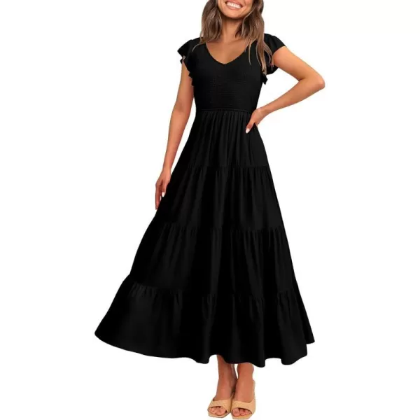 imagePRETTYGARDEN Womens Summer Flowy Maxi Dress Casual Cap Sleeve V Neck Smocked Beach SundressSolid Black