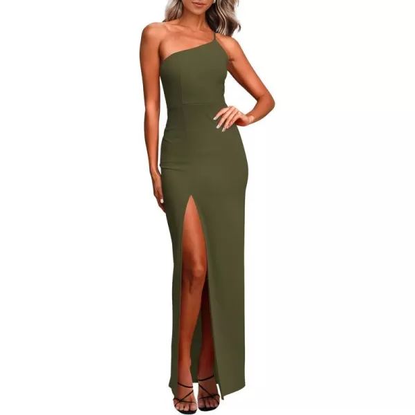 imagePRETTYGARDEN Womens Summer Formal Wedding Guest Dresses One Shoulder Spaghetti Strap High Slit Maxi Bodycon DressArmy Green