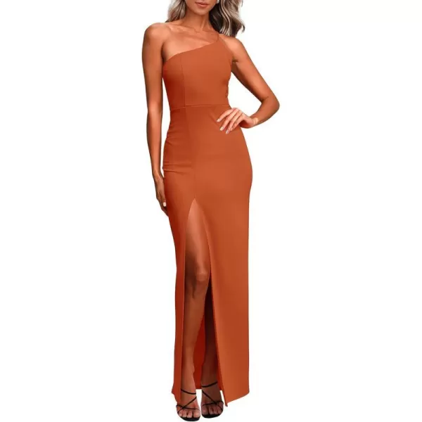 imagePRETTYGARDEN Womens Summer Formal Wedding Guest Dresses One Shoulder Spaghetti Strap High Slit Maxi Bodycon DressBrown
