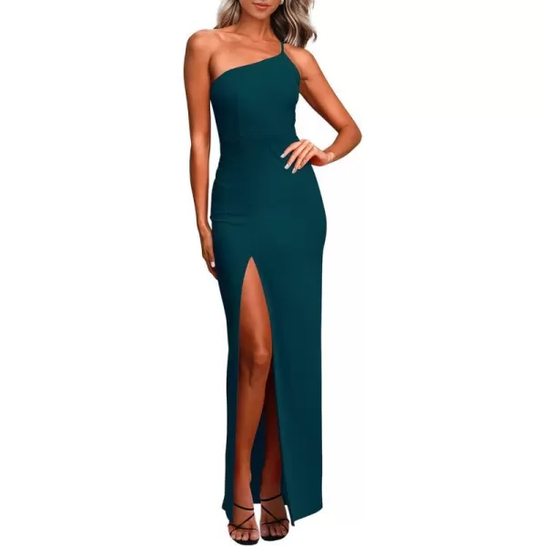 imagePRETTYGARDEN Womens Summer Formal Wedding Guest Dresses One Shoulder Spaghetti Strap High Slit Maxi Bodycon DressCyan