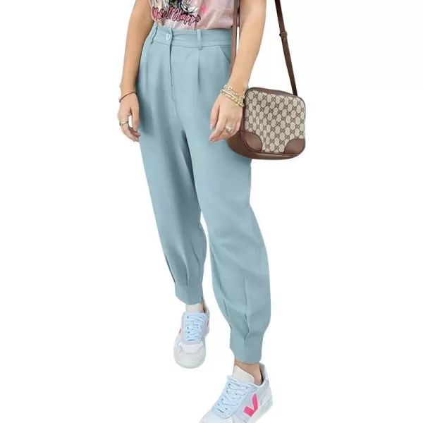 imagePRETTYGARDEN Womens Summer High Waisted Pants Casual Ankle Length Work Office Trouser Slacks with PocketsAqua Blue