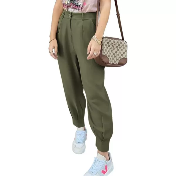 imagePRETTYGARDEN Womens Summer High Waisted Pants Casual Ankle Length Work Office Trouser Slacks with PocketsArmy Green