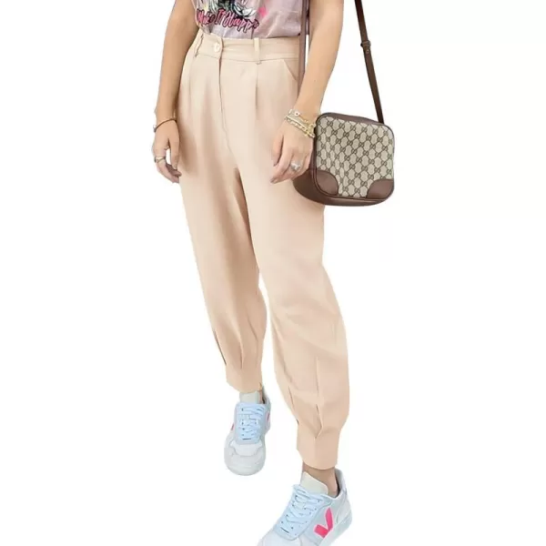 imagePRETTYGARDEN Womens Summer High Waisted Pants Casual Ankle Length Work Office Trouser Slacks with PocketsBeige