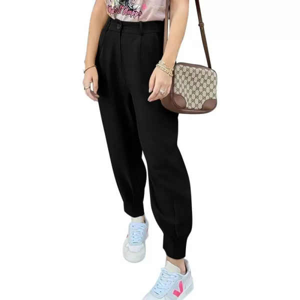 imagePRETTYGARDEN Womens Summer High Waisted Pants Casual Ankle Length Work Office Trouser Slacks with PocketsBlack