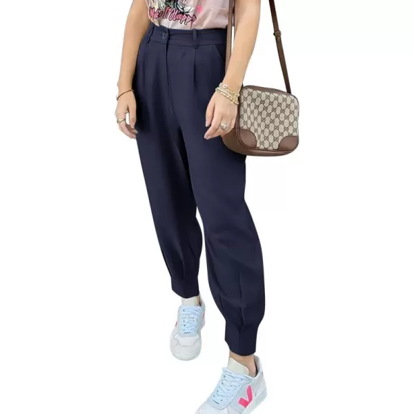 imagePRETTYGARDEN Womens Summer High Waisted Pants Casual Ankle Length Work Office Trouser Slacks with PocketsNavy