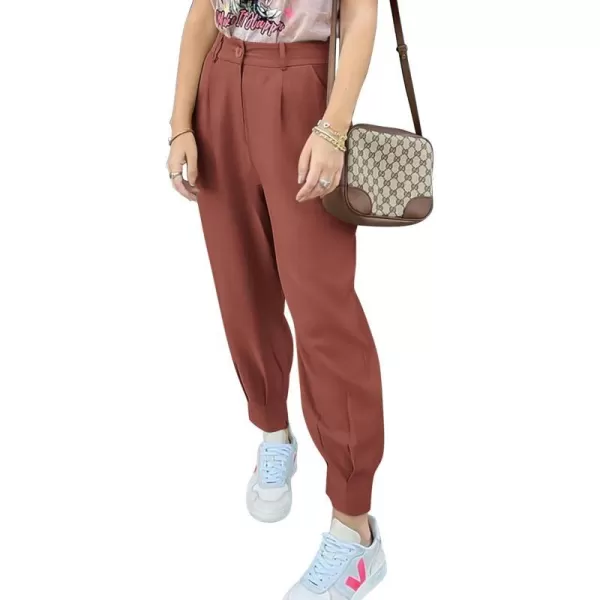 imagePRETTYGARDEN Womens Summer High Waisted Pants Casual Ankle Length Work Office Trouser Slacks with PocketsRust Red