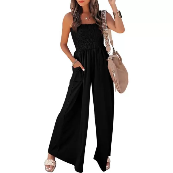 imagePRETTYGARDEN Womens Summer Jumpsuits Dressy Casual One Piece Outfits Linen Smocked Spaghetti Strap Pockets Wide Leg RompersBlack