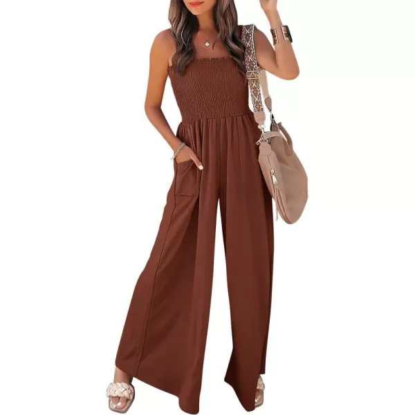 imagePRETTYGARDEN Womens Summer Jumpsuits Dressy Casual One Piece Outfits Linen Smocked Spaghetti Strap Pockets Wide Leg RompersDark Brown