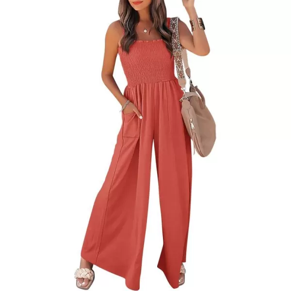 imagePRETTYGARDEN Womens Summer Jumpsuits Dressy Casual One Piece Outfits Linen Smocked Spaghetti Strap Pockets Wide Leg RompersOrange Red