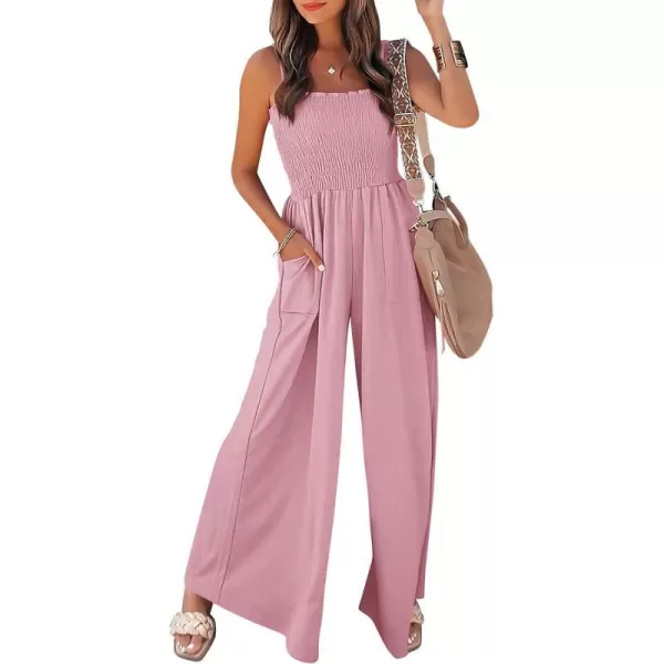imagePRETTYGARDEN Womens Summer Jumpsuits Dressy Casual One Piece Outfits Linen Smocked Spaghetti Strap Pockets Wide Leg RompersPink