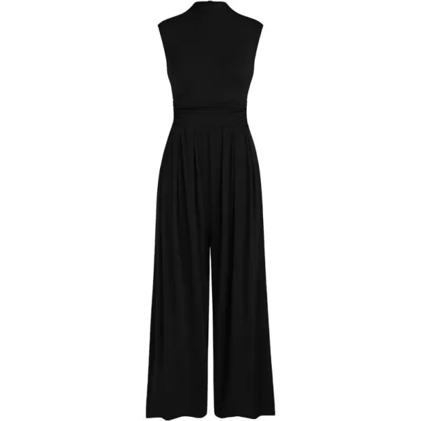 imagePRETTYGARDEN Womens Summer Jumpsuits Dressy Casual One Piece Outfits Sleeveless Mock Neck Wide Leg Pants Rompers with PocketsBlack