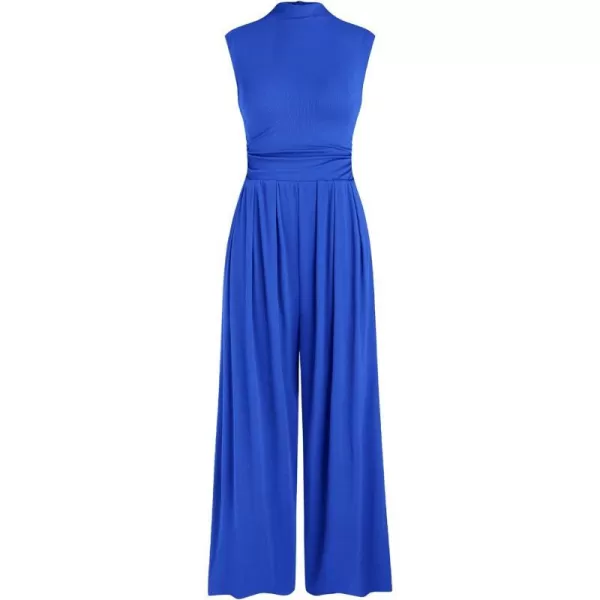 imagePRETTYGARDEN Womens Summer Jumpsuits Dressy Casual One Piece Outfits Sleeveless Mock Neck Wide Leg Pants Rompers with PocketsBlue