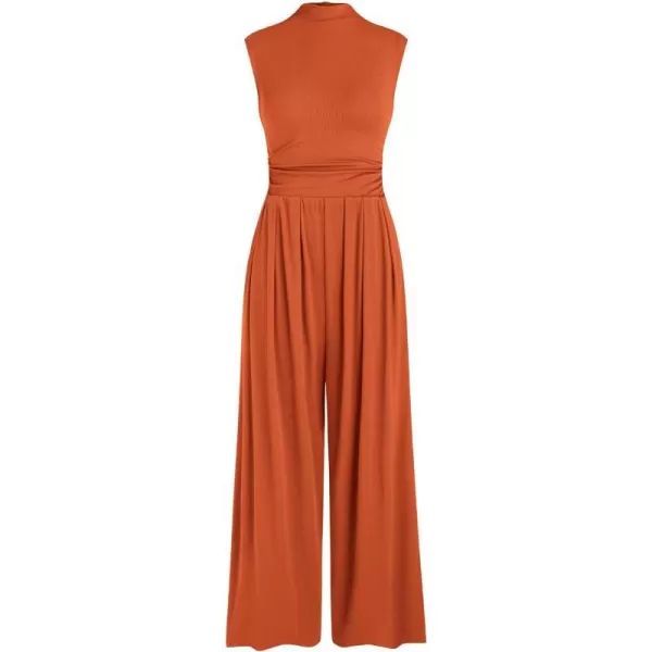 imagePRETTYGARDEN Womens Summer Jumpsuits Dressy Casual One Piece Outfits Sleeveless Mock Neck Wide Leg Pants Rompers with PocketsBrick Red
