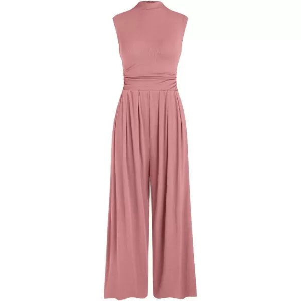 imagePRETTYGARDEN Womens Summer Jumpsuits Dressy Casual One Piece Outfits Sleeveless Mock Neck Wide Leg Pants Rompers with PocketsDusty Pink