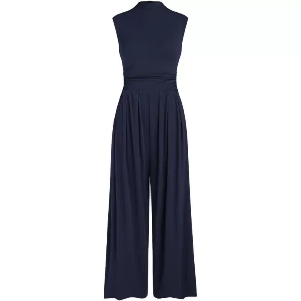 imagePRETTYGARDEN Womens Summer Jumpsuits Dressy Casual One Piece Outfits Sleeveless Mock Neck Wide Leg Pants Rompers with PocketsNavy