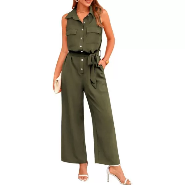 imagePRETTYGARDEN Womens Summer Jumpsuits Dressy Casual Sleeveless Button Up Belted Long Pants RompersArmy Green